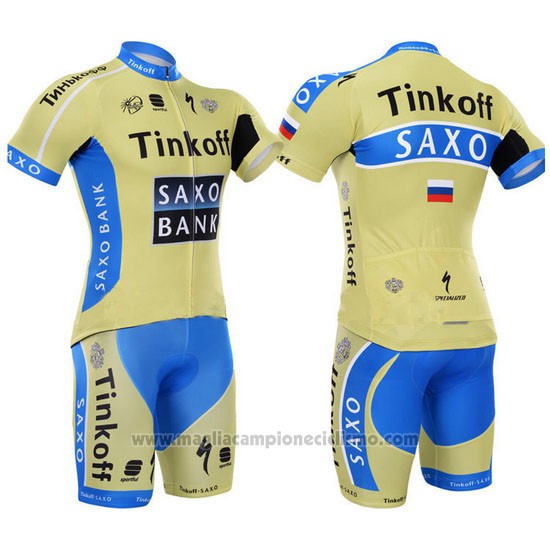 2015 Abbigliamento Ciclismo Tinkoff Saxo Bank Celeste e Giallo Manica Corta e Salopette